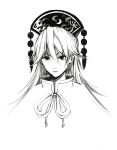  1girl closed_mouth commentary ears eyebrows_visible_through_hair eyelashes greyscale hair_between_eyes headdress highres junko_(touhou) long_hair looking_at_viewer monochrome neck_ribbon portrait ribbon shiguma_(signalmass) simple_background solo tassel touhou turtleneck 