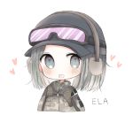  1girl :d baseball_cap black_hat blush camouflage camouflage_jacket character_name cottontailtokki ear_protection ela_(rainbow_six_siege) goggles goggles_on_headwear grey_eyes hat jacket long_hair looking_at_viewer open_mouth rainbow_six_siege silver_hair simple_background smile solo white_background 