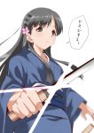  1girl bangs blue_kimono eyebrows_visible_through_hair flower grey_eyes grey_hair hair_flower hair_ornament idolmaster idolmaster_cinderella_girls japanese_clothes kimono knife kobayakawa_sae long_hair simple_background solo translation_request white_background youhei_(testament) 