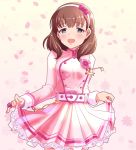  1girl belt blue_eyes blush breasts brown_hair cherry_blossoms cowboy_shot dress floral_background flower hair_ribbon hairband highres idolmaster idolmaster_cinderella_girls lace lace-trimmed_dress long_sleeves looking_at_viewer medium_breasts nanananananasea open_mouth petals pink_background pink_dress ribbon sakuma_mayu short_hair skirt skirt_hold smile solo standing 
