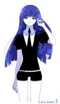  androgynous blue_eyes blue_hair character_name gem_uniform_(houseki_no_kuni) houseki_no_kuni lapis_lazuli_(houseki_no_kuni) long_hair looking_at_viewer nail_polish pale_skin puffy_short_sleeves puffy_sleeves retto short_sleeves shorts smile sparkle white_background 