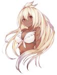  1girl ahoge bare_shoulders bikini blush breasts cleavage dark_skin eyebrows_visible_through_hair front-tie_bikini front-tie_top fumikiri granblue_fantasy hair_between_eyes large_breasts long_hair looking_at_viewer red_eyes smile solo swimsuit the_order_grande upper_body very_long_hair white_bikini white_hair 