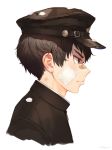  1boy bandage_on_face bandaid bandaid_on_nose bangs black_shirt brown_hair brown_hat buckle closed_mouth cropped_torso family_crest green_eyes hakura_kusa hat highres looking_away male_focus mole mole_under_eye original peaked_cap petals profile shirt signature simple_background solo tape torn_clothes torn_hat v-shaped_eyes white_background white_shirt zipper_pull_tab 
