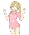  1girl :d clothes_writing drawfag english gluteal_fold green_eyes hands_up inuyama_aoi light_brown_hair long_hair looking_at_viewer no_pants open_mouth panties pink_shirt shirt side_ponytail sketch smile solo standing striped striped_panties t-shirt thick_eyebrows underwear yurucamp 