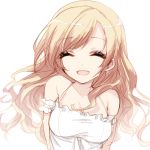  absurdres bangs bare_shoulders blonde_hair breasts cleavage closed_eyes commentary cuffs dress ears_visible_through_hair eyebrows_visible_through_hair hair_between_eyes highres long_hair medium_breasts misteor open_mouth original smile white_background white_dress 