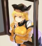  1girl blonde_hair breast_hold breasts chin_rest closed_mouth commentary_request detached_sleeves eyebrows_visible_through_hair hat highres large_breasts leaning_forward long_hair looking_away matara_okina rin_falcon simple_background solo tabard tan_background touhou upper_body wavy_hair window yellow_eyes 