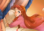  1girl ;) ano_(sbee) ariel_(disney) artist_name bed blue_eyes curtains disney happy long_hair looking_at_viewer lying nightgown one_eye_closed pillow redhead smile the_little_mermaid 