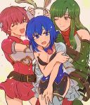 3girls animal_ears armor blue_eyes blue_hair blush boots breasts bunny_girl bunny_tail bunnysuit detached_collar dress elbow_gloves embarrassed est fake_animal_ears fingerless_gloves fire_emblem fire_emblem:_mystery_of_the_emblem fire_emblem_heroes fishnet_pantyhose fishnets gloves green_eyes green_hair headband katua leotard long_hair open_mouth pantyhose paola pegasus_knight polearm rabbit_ears short_hair simple_background skirt smile strapless strapless_leotard tail thigh-highs weapon wrist_cuffs