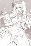  1girl akagi_rio arm_up dark_jeanne feathers from_below gloves gloves_removed gluteal_fold granblue_fantasy hair_feathers jeanne_d&#039;arc_(granblue_fantasy) long_hair monochrome mouth_hold navel solo spot_color 