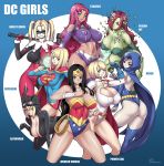  6+girls :3 animal_hood ass batman_(series) bent_over black_hair blonde_hair bodysuit bracer breasts cape cat_hood catwoman character_name cleavage_cutout commentary_request curvy dc_comics domino_mask erect_nipples forehead_jewel gloves gluteal_fold goggles green_skin harley_quinn highres hood large_breasts leaning_forward lens_flare leotard looking_at_viewer magic mask multiple_girls navel onomeshin pale_skin paw_pose poison_ivy power_girl purple_hair raven_(dc) red_cape redhead revision starfire stomach supergirl superhero superman_(series) teen_titans thigh-highs thigh_gap tiara toned twintails wonder_woman wonder_woman_(series) 