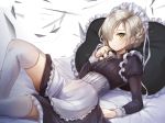  1girl apron arm_support azur_lane bangs bed_sheet black_dress blush braid breasts chains closed_mouth commentary_request cross dress frilled_apron frilled_pillow frills garter_straps hair_over_one_eye hand_up juliet_sleeves karumayu light_brown_hair long_sleeves looking_at_viewer lying maid maid_headdress on_back pillow puffy_sleeves sheffield_(azur_lane) small_breasts solo thigh-highs waist_apron white_apron white_legwear yellow_eyes 