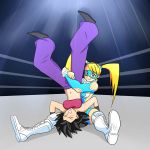  2girls baggy_pants bandai_namco black_hair blonde_hair boots capcom caulifla crossover dragon_ball dragon_ball_super midriff multiple_girls open_mouth pants piledriver rainbow_mika saiyan smile street_fighter street_fighter_zero_(series) teeth touei twintails vambraces wrestling wrestling_mask wrestling_outfit wrestling_ring 