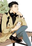  1boy bench black_hair brown_eyes cellphone coat denim headphones headphones_around_neck jeans legs_crossed male_focus nyarulake otabek_altin pants phone plant sitting smartphone watch watch yuri!!!_on_ice 