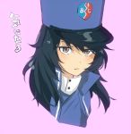  1girl andou_(girls_und_panzer) bangs bc_freedom_(emblem) bc_freedom_military_uniform black_hair blue_hat blue_jacket blue_vest brown_eyes closed_mouth commentary cropped_torso dark_skin dress_shirt ebi_(eeemimn) emblem girls_und_panzer hat high_collar jacket light_frown long_sleeves looking_at_viewer medium_hair military military_hat military_uniform portrait purple_background shako_cap shirt simple_background solo uniform vest white_shirt 