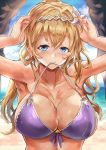  1girl armpits arms_up beach blonde_hair blue_eyes blush breasts cleavage commentary_request granblue_fantasy hairband himuro_(dobu_no_hotori) jeanne_d&#039;arc_(granblue_fantasy) large_breasts long_hair looking_at_viewer mouth_hold ocean purple_bikini_top smile solo upper_body 