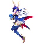  1girl amagai_tarou animal_ears armpits bangs blue_eyes blue_hair blue_legwear breasts bunny_tail capelet cleavage detached_sleeves easter_egg egg elbow_gloves eyebrows_visible_through_hair fake_animal_ears fire_emblem fire_emblem:_mystery_of_the_emblem fire_emblem_heroes flower frills full_body gloves hair_flower hair_ornament headband high_heels highres holding katua looking_at_viewer medium_breasts official_art pelvic_curtain rabbit_ears short_hair solo tail thigh-highs transparent_background white_gloves 
