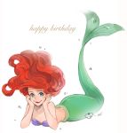  1girl ano_(sbee) ariel_(disney) artist_name bikini_top blue_eyes bubble disney hand_on_own_chin happy happy_birthday long_hair looking_at_viewer mermaid monster_girl redhead shell shell_bikini simple_background smile the_little_mermaid white_background 