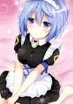  1girl blue_eyes blue_hair blush breasts character_request flower_knight_girl frills frown highres maid maid_headdress shironeko_haru short_hair solo 