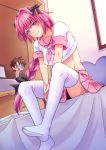  1boy :} astolfo_(fate) bangs bed_sheet bedroom between_legs black_bow black_panties blush bow braid character_doll closed_mouth comma32 commentary_request crop_top crop_top_overhang day dutch_angle eyebrows_visible_through_hair fate/apocrypha fate_(series) feet fujimaru_ritsuka_(male) hair_bow hand_between_legs highres indoors leaning_forward lips long_hair looking_at_viewer male_focus miniskirt neckerchief no_shoes on_bed own_hands_together panties pantyshot pantyshot_(sitting) pink_hair pink_neckwear pink_sailor_collar pink_skirt pleated_skirt pov_feet sailor_collar school_uniform serafuku shirt short_sleeves single_braid sitting sitting_on_bed skirt sleeve_cuffs smile solo stomach thigh-highs toned toned_male trap underwear upskirt v_arms violet_eyes white_legwear white_shirt 