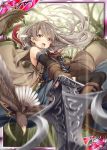  1girl akkijin bird brown_eyes brown_gloves brown_hair card_(medium) coat feathers forest gloves hawk holding holding_lance holding_weapon lance nature official_art polearm shinkai_no_valkyrie solo thigh-highs weapon 