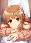  1girl :3 bangs bare_shoulders blush brown_eyes brown_hair brown_sweater curtains detached_sleeves eyebrows_visible_through_hair girl_on_top hair_ornament highres idolmaster idolmaster_cinderella_girls indoors long_hair looking_at_viewer lying moroboshi_kirari no_shoes on_person on_stomach paopao pov ribbed_sweater smile solo_focus star star_hair_ornament striped striped_legwear sweater twitter_username 