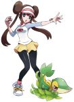  1girl baseball_cap black_legwear blue_eyes brown_hair double_bun hat highres legwear_under_shorts long_hair mei_(pokemon) pantyhose pantyhose_under_shorts pokemon pokemon_(game) pokemon_bw2 short_shorts shorts snivy twintails very_long_hair visor_cap 