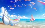  1girl aria beach bird blurry blurry_background gondola hat highres long_hair mizunashi_akari ocean open_mouth paddle pink_hair sand seagull shiruko_sand short_hair_with_long_locks sidelocks sky solo standing surf uniform very_long_hair waves 