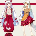  2girls arm_at_side armband arms_behind_back baggy_pants bangs bare_legs bare_shoulders barefoot beige_blouse blouse bow buttons c: closed_mouth collarbone commentary_request detached_sleeves dress eyebrows_visible_through_hair fujiwara_no_mokou full_body hair_bow hand_in_pocket hatchet holding katowo long_hair long_sleeves looking_at_another looking_to_the_side medium_dress multicolored multicolored_clothes multicolored_dress multiple_girls ofuda ofuda_on_clothes oriental_hatchet pants red_eyes red_footwear red_pants sakata_nemuno shoe_bow shoes single_strap smile suspenders touhou very_long_hair white_bow white_hair 