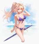  1girl :d arm_behind_back arm_up bare_shoulders bikini blonde_hair blue_eyes blue_sky breasts cleavage clouds collarbone cropped_legs day eyebrows_visible_through_hair flower front-tie_bikini front-tie_top granblue_fantasy ha2ru hair_between_eyes hair_flower hair_intakes hair_ornament hairband halterneck hand_in_hair high_ponytail horizon jeanne_d&#039;arc_(granblue_fantasy) light_brown_hair long_hair looking_at_viewer medium_breasts navel ocean open_mouth outdoors purple_bikini purple_ribbon ribbon sheath sheathed side-tie_bikini sky smile solo standing stomach swimsuit sword thighs under_boob water weapon white_ribbon 