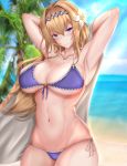  1girl armpits arms_behind_head bangs bare_shoulders beach bikini blonde_hair blue_eyes blush breasts cleavage flower granblue_fantasy hair_flower hair_ornament hairband highres isawo_(lucanus19) jeanne_d&#039;arc_(granblue_fantasy) large_breasts long_hair looking_at_viewer navel palm_tree sand stomach swimsuit tree water 