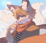  1boy animal_ear_fluff blonde_hair blue_sky borrowed_character brown_coat clouds cloudy_sky coat commentary cudlil english_commentary fox_boy furry furry_male glasses green_eyes highres male_focus original outdoors scarf shirt sky smile solo striped striped_shirt 