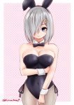  1girl animal_ears bare_shoulders black_leotard blue_eyes bow bowtie breasts bunnysuit detached_collar fake_animal_ears fishnet_pantyhose fishnets hair_ornament hair_over_one_eye hairclip hamakaze_(kantai_collection) kantai_collection kuroba_dam large_breasts leotard lips pantyhose polka_dot polka_dot_background rabbit_ears short_hair silver_hair solo strapless strapless_leotard sweatdrop twitter_username wrist_cuffs 