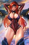  1girl arms_behind_head arms_up badcompzero blush breasts gluteal_fold green_eyes gun_goddess_miss_fortune headband highres hips large_breasts league_of_legends lips lipstick long_hair makeup redhead sarah_fortune solo swimsuit thick_thighs thighs very_long_hair 