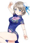  1girl :o =o ass blue_eyes breasts china_dress chinese_clothes dress eyebrows_visible_through_hair floral_print hair_bun hair_ribbon love_live! love_live!_sunshine!! medium_breasts open_mouth pose ribbon rozen5 short_hair simple_background solo watanabe_you white_background 