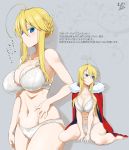  1girl ahoge artoria_pendragon_(all) artoria_pendragon_(lancer) barefoot blonde_hair blue_eyes bra breasts cleavage cloak commentary_request fate/grand_order fate_(series) fur_trim grey_background hair_between_eyes hair_up hand_on_hip highres kneeling lace lace-trimmed_bra large_breasts long_hair looking_at_viewer mattari_yufi navel panties shadow sidelocks smile solo standing sweatdrop translation_request underwear 