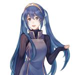  1girl alternate_hairstyle blue_hair fire_emblem fire_emblem:_kakusei gloves highres long_hair looking_at_viewer lucina one_eye_closed simple_background smile solo tiara twintails white_background 