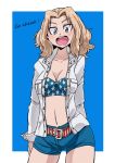  1girl :d american_flag_bikini aono3 arms_behind_back bikini blonde_hair blue_background blue_belt blue_bikini_top blue_eyes blue_shorts breasts cleavage commentary_request cowboy_shot eyebrows_visible_through_hair flag_print girls_und_panzer hair_intakes highres jacket kay_(girls_und_panzer) long_hair long_sleeves looking_at_viewer medium_breasts open_clothes open_jacket open_mouth outside_border print_bikini_top red_belt short_shorts shorts smile solo standing striped_belt swimsuit white_jacket 