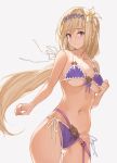  1girl bare_shoulders bikini blonde_hair blue_eyes breasts collarbone commentary_request flower granblue_fantasy grey_background groin hair_flower hair_ornament hana_mori highres jeanne_d&#039;arc_(granblue_fantasy) looking_at_viewer mouth_hold navel purple_bikini side-tie_bikini simple_background solo swimsuit 