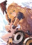  1girl absurdres bangs bike_shorts black_gloves blonde_hair blush eyebrows_visible_through_hair eyes_visible_through_hair fang_out girls_frontline gloves green_eyes gun hair_between_eyes hairband highres holding holding_gun holding_weapon jacket long_hair looking_at_viewer machinery messy_hair open_mouth pleated_skirt pouch s.a.t.8_(girls_frontline) shotgun shotgun_shells shotgun_speed_loader sidelocks skirt smile snow snowing solo squatting ten_no_hoshi thighs very_long_hair weapon 