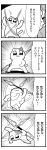  1girl 4koma :3 :d absurdres bkub blade cat comic faceless faceless_female greyscale highres holding holding_weapon monochrome open_mouth original pose shirt short_hair sidelocks simple_background smile speech_bubble speed_lines spinning talking translation_request two-tone_background weapon 