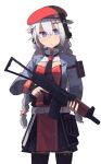  +_+ 1girl belt beret black_legwear black_neckwear blue_eyes blue_jacket braid breasts closed_mouth eyebrows_visible_through_hair feet_out_of_frame flower-shaped_pupils girls_frontline grey_hair hair_ornament hat hat_ornament headphones highres hinami047 holding holding_weapon jacket long_hair looking_at_viewer low_twintails necktie open_clothes open_jacket ots-12 ots-12_(girls&#039;_frontline) red_headwear russian_flag solo soviet_flag standing star-shaped_pupils star_(symbol) star_hair_ornament star_hat_ornament symbol-shaped_pupils thigh-highs twin_braids twintails weapon white_background white_belt 
