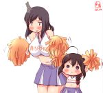  2girls :3 ahoge black_hair blue_eyes blush breasts cheerleader commentary_request dated hair_ornament hair_over_shoulder highres kanon_(kurogane_knights) kantai_collection large_breasts leaning_forward logo long_hair midriff multiple_girls navel no_nose pleated_skirt pom_poms purple_skirt red_eyes shigure_(kantai_collection) simple_background skirt standing white_background yamashiro_(kantai_collection) younger 
