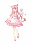 1girl ;d animal_ears apron bangs blush cat_ears cat_girl cat_tail chihong_de_tianshi dress eyebrows_visible_through_hair frilled_apron frills full_body head_tilt holding holding_tray long_hair looking_at_viewer one_eye_closed open_mouth original personification pink_dress pink_footwear pink_hair puffy_short_sleeves puffy_sleeves red_eyes red_ribbon ribbon shirt shoes short_sleeves simple_background skirt_hold sleeveless sleeveless_dress smile solo standing standing_on_one_leg tail tail_ribbon tray upper_teeth very_long_hair waist_apron white_apron white_background white_shirt 