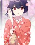  bag blue_hair blurry bokeh cherry_blossoms commentary depth_of_field doll floral_print hair_ornament idolmaster idolmaster_shiny_colors japanese_clothes kimono long_sleeves looking_at_viewer manio morino_rinze parted_lips petals red_eyes red_kimono wide_sleeves 