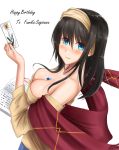  1girl black_hair blue_eyes blush book bookmark breasts cleavage commentary_request hairband highres holding holding_book idolmaster idolmaster_cinderella_girls jewelry large_breasts light_smile looking_at_viewer looking_to_the_side medium_hair necklace off-shoulder_sweater pendant sagisawa_fumika shawl shogun_(a96040021) solo sweater 