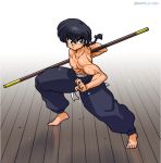  1boy holding holding_weapon muscle ranma_1/2 saotome_ranma shirtless solo staff sweat wantan-orz weapon 