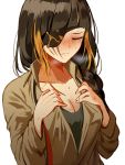  1girl black_hair blonde_hair blush braid breasts cleavage closed_eyes collared_shirt eyepatch facial_scar girls_frontline hands_on_own_chest long_hair long_sleeves m16a1_(girls_frontline) multicolored_hair scar scar_across_eye shirt silence_girl simple_background solo streaked_hair sweat 