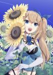  1girl bare_shoulders blonde_hair blue_eyes blue_ribbon denroku_(nokishita_no_katatsumuri) elbow_gloves flower gloves mirai_akari mirai_akari_project open_mouth ponytail ribbon sunflower virtual_youtuber 