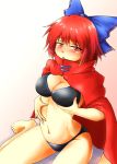  1girl barefoot bikini black_bikini blue_bow blush bow breasts cape cleavage d-m_(dii_emu) grabbing_own_breast hair_bow highres looking_at_viewer medium_breasts red_cape red_eyes redhead sekibanki short_hair sitting solo stomach swimsuit touhou wariza 