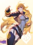  1girl ahoge belt blonde_hair boots breasts cleavage clenched_hand commentary ember_celica_(rwby) fingerless_gloves garter_straps gloves grin izumi_sai jewelry large_breasts long_hair open_hand pendant rwby simple_background smile solo thigh-highs very_long_hair violet_eyes weapon yang_xiao_long 
